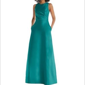 Dessy Jewel Neck Asymmetrical Shirred Bodice Maxi Dress Pockets Jade Bridesmaid